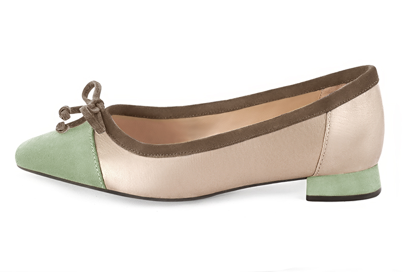 Mint green, gold and chocolate brown women's ballet pumps, with low heels. Square toe. Flat flare heels. Profile view - Florence KOOIJMAN